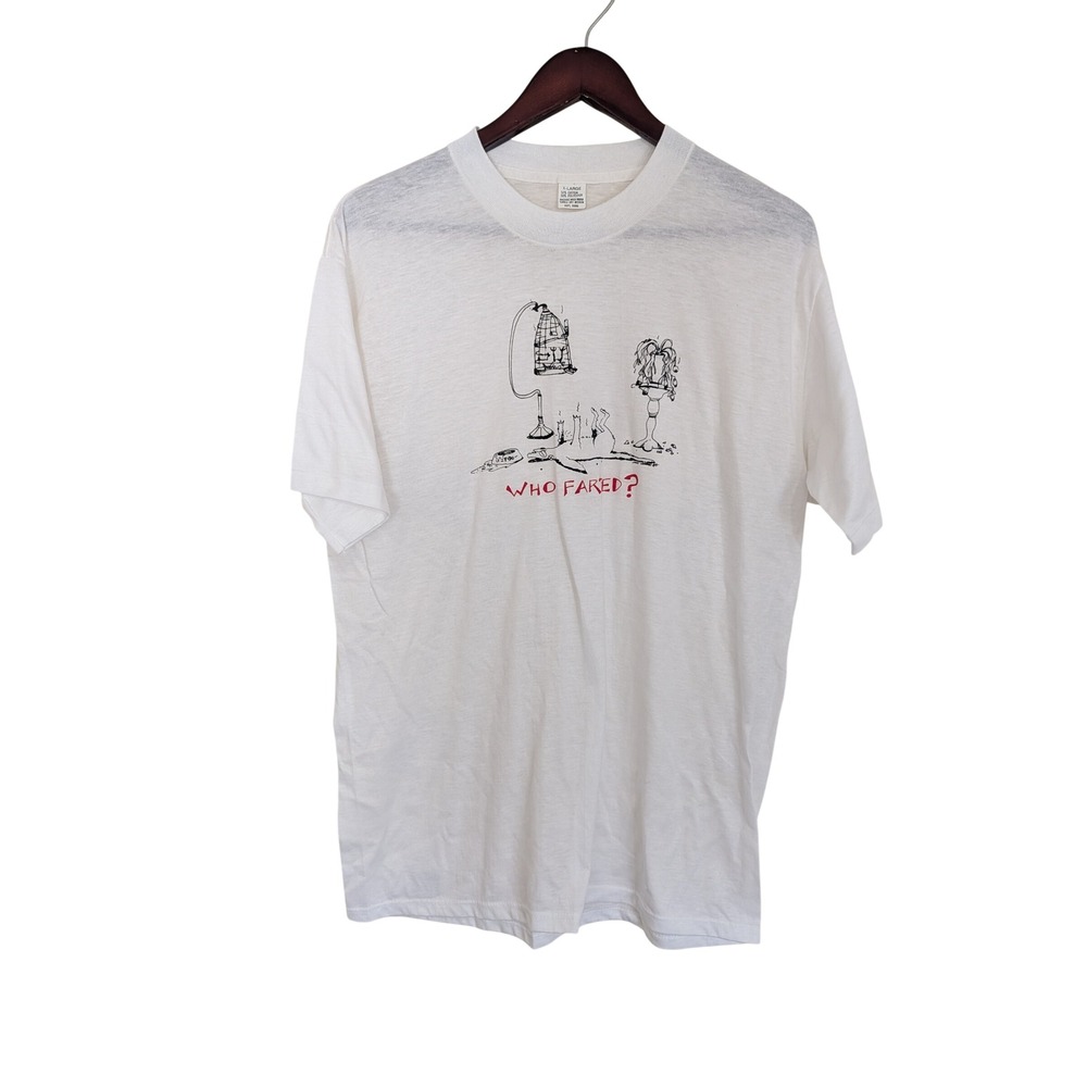 Vintage 1984 John Lamb Who Farted Graphic T-Shirt XL White Paper Thin 80s Tee